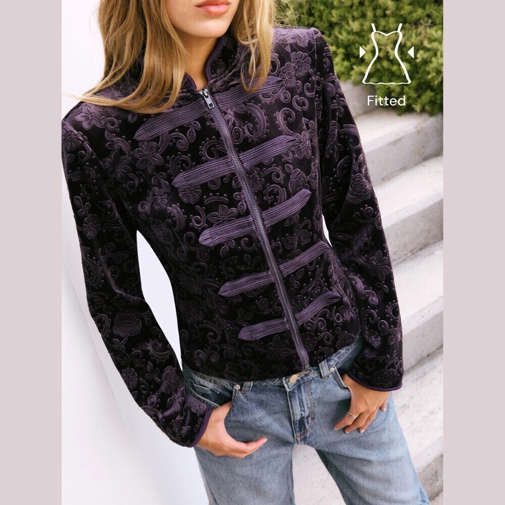 Plum Purple Velvet Floral Embossed Zip Front Military Jacket
